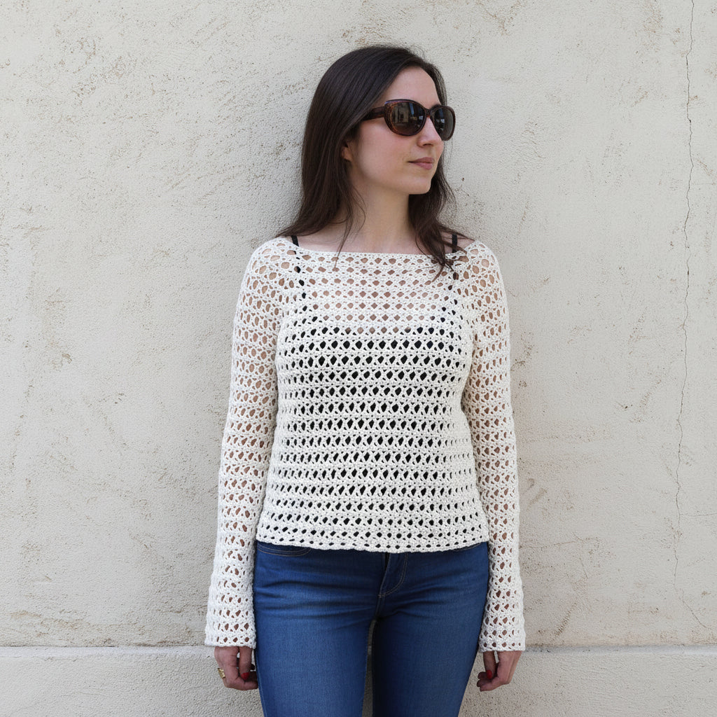 Kit crochet Top X - coloris crème manches longues- Un crochet par ici