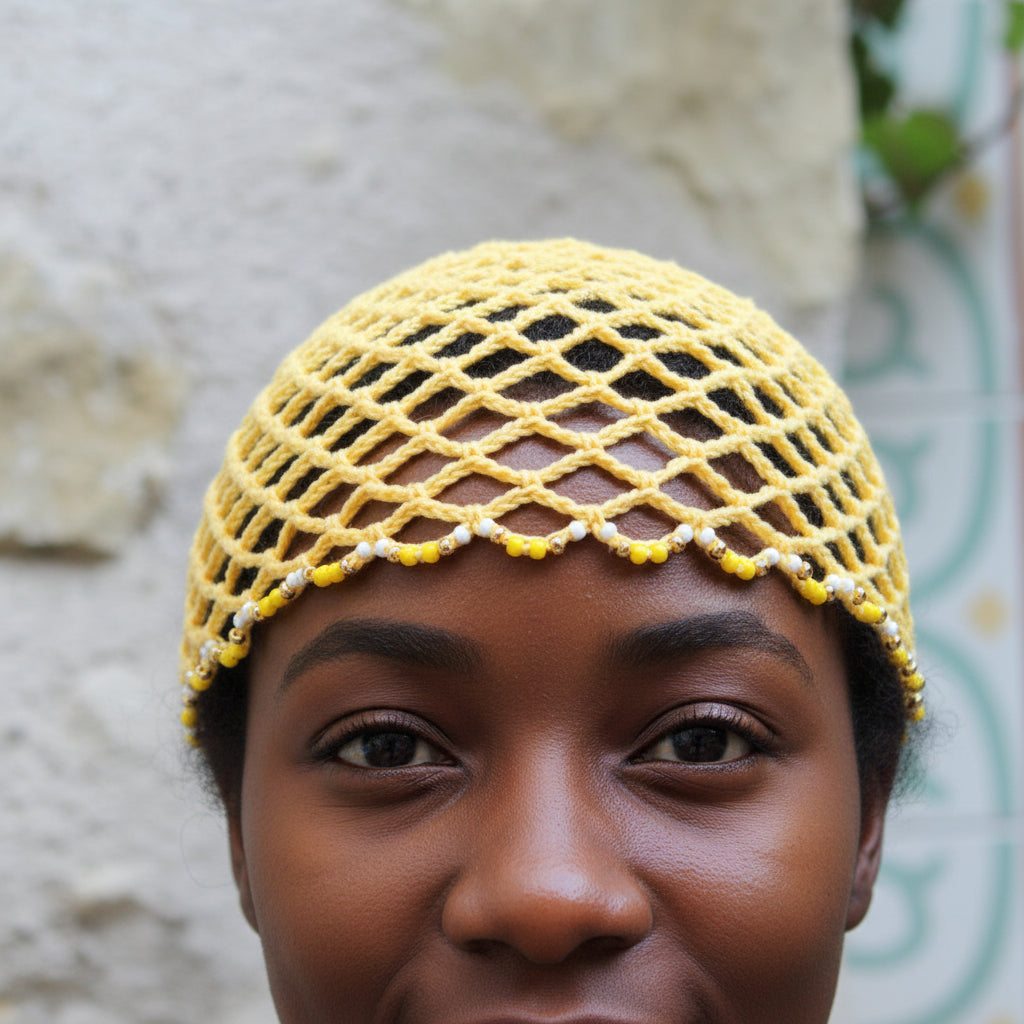 Kit crochet Bonnet Résille - Vue de face - Un crochet par ici