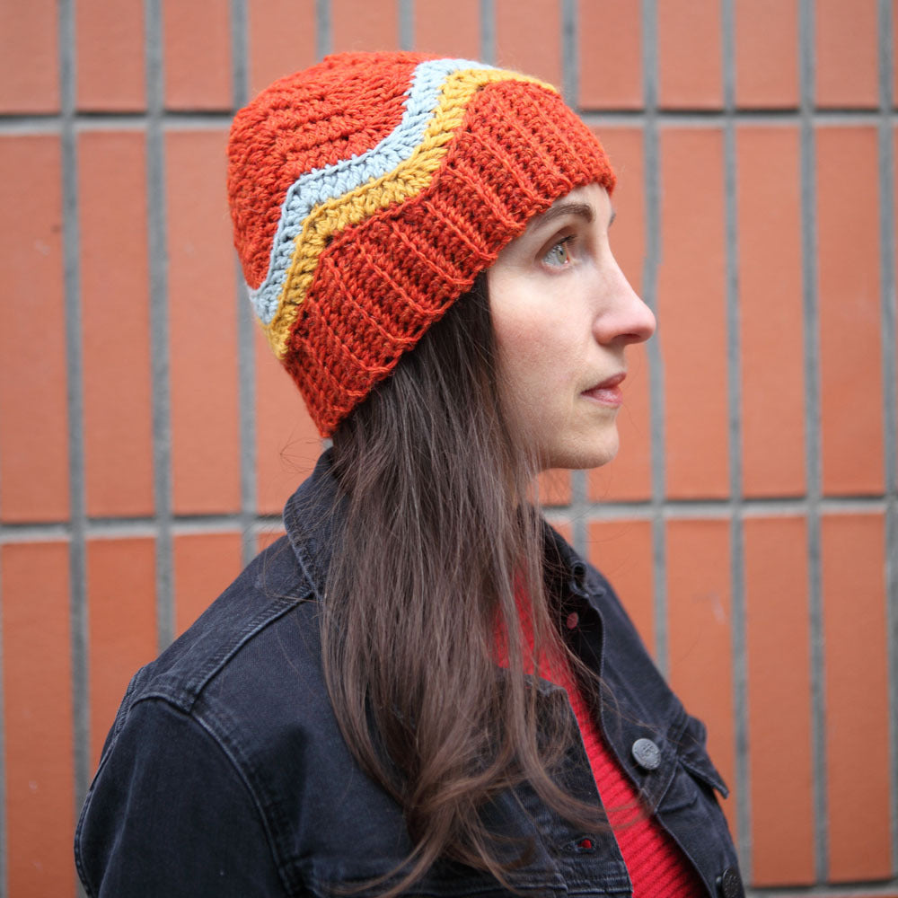 Kit crochet bonnet Chevrons - coloris bleu rouge - Un crochet par ici