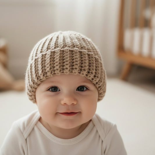 Kit crochet Bonnet Ribizi - coloris beige - porté - Un crochet par ici