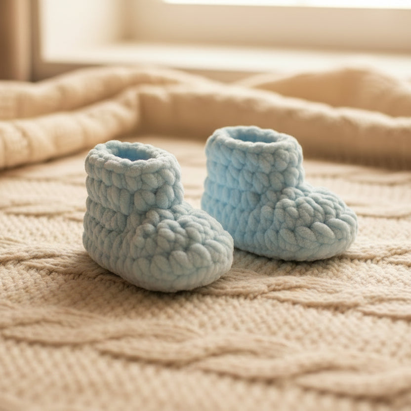 Kit crochet Layette - Chaussons "Softy" - vue de 3/4 - Un crochet par ici