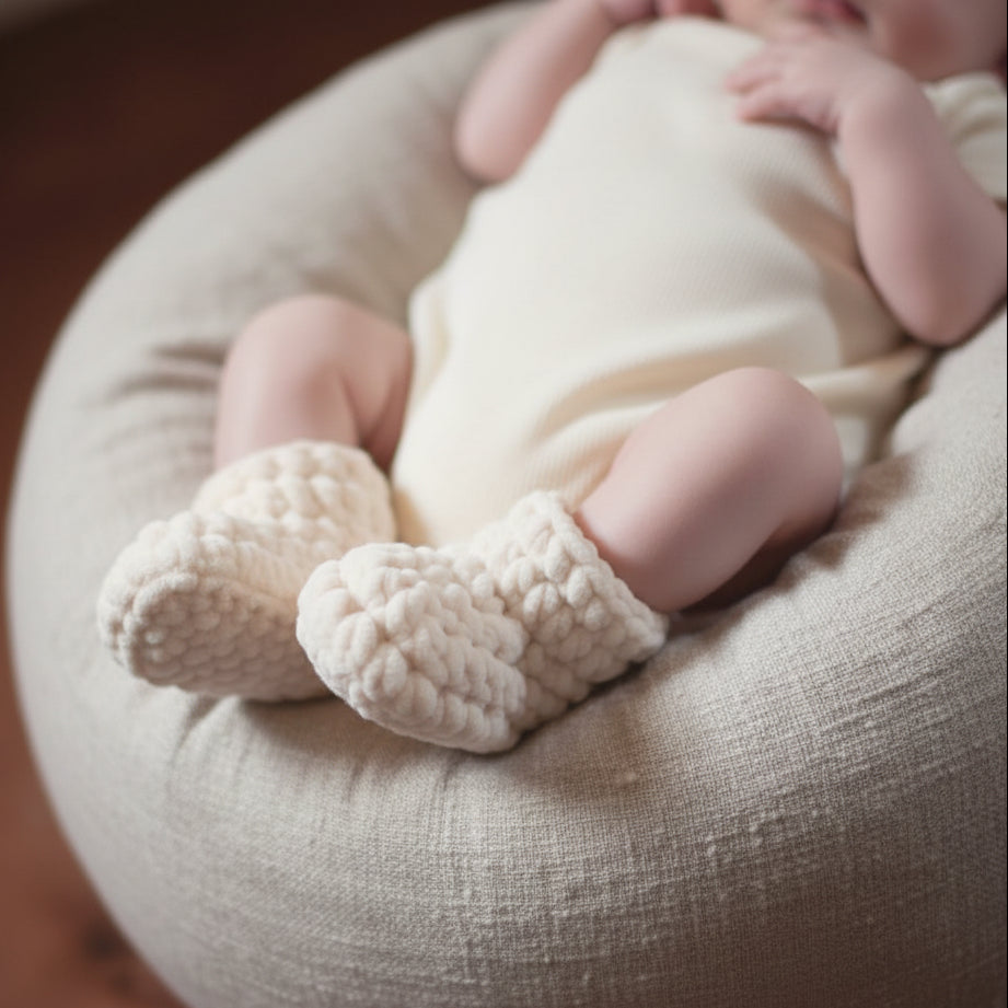 Kit crochet Layette - Chaussons "Softy" - coloris beige - Un crochet par ici