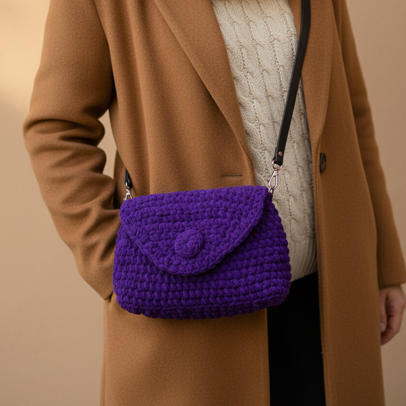 Kit Crochet - Sac "Softy" - coloris violet - porté - Un crochet par ici